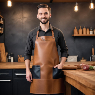 Professional Leather Butcher Apron brown with black pockets 