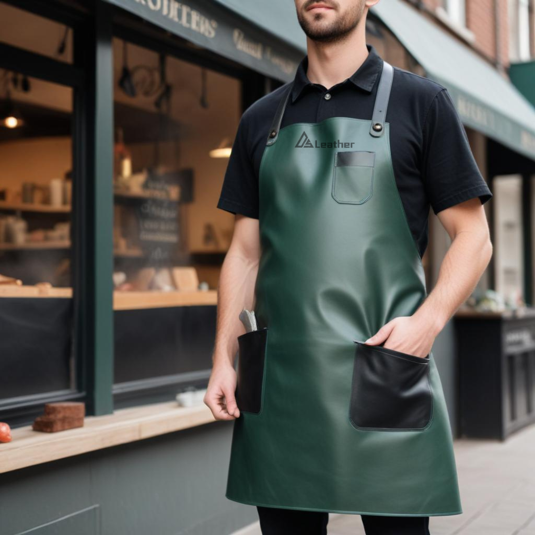 Durable Green Leather Butcher Apron with black pockets 