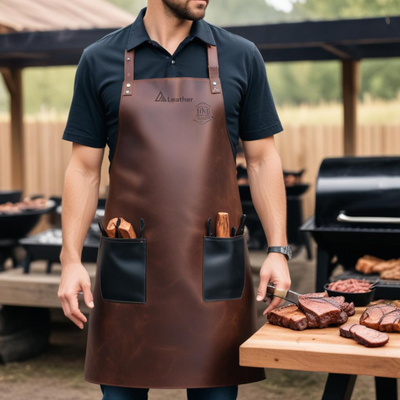 Outset Leather BBQ Apron dark brown with black pockets 