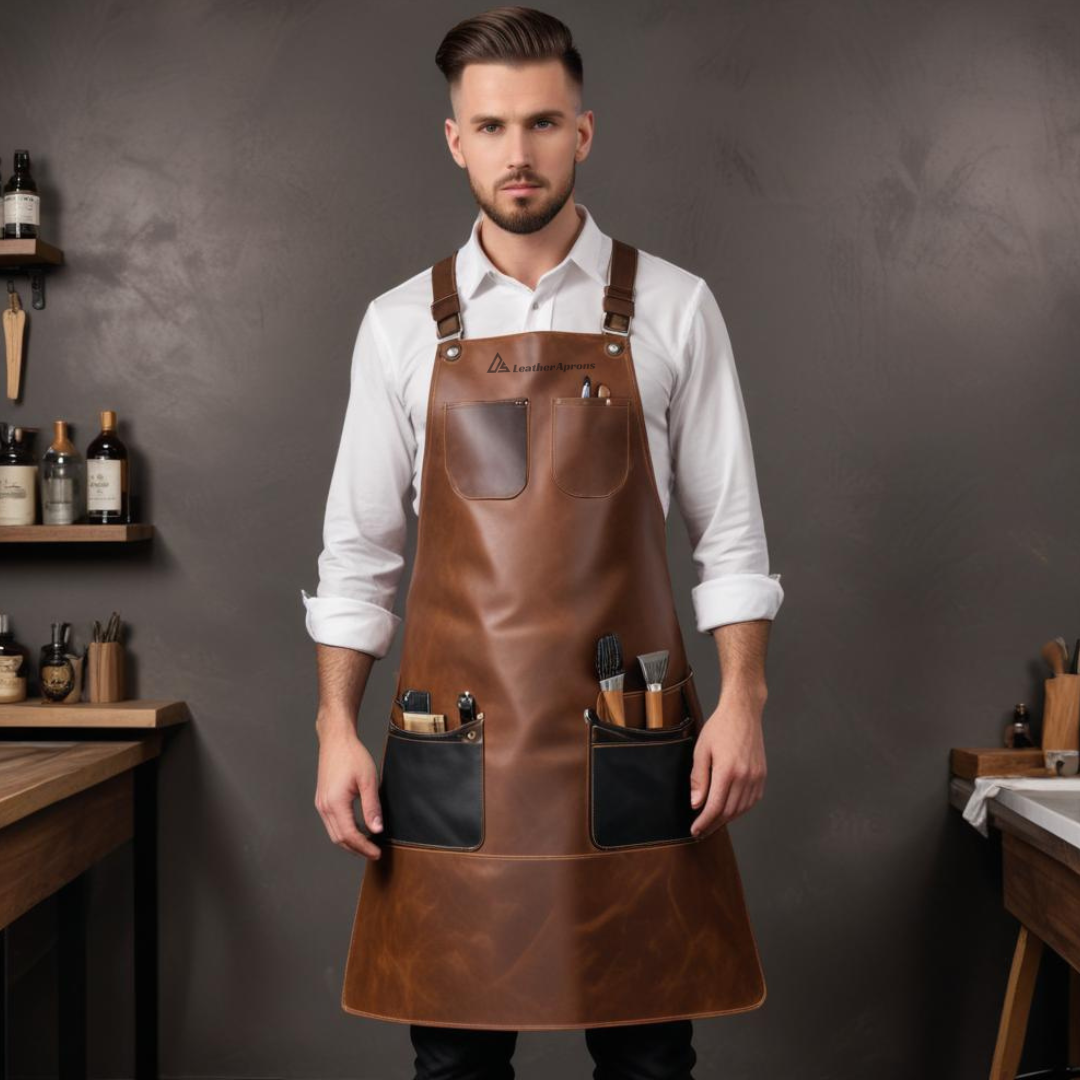 Brown leather bar apron with adjustable straps 