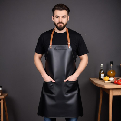 Bartender black leather apron with brown straps adjustable 