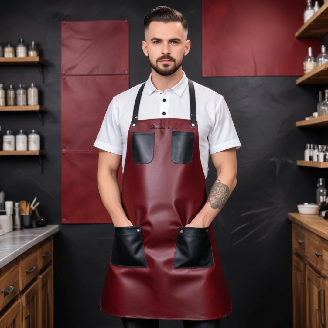 Red Leather professional Barber Apron with black pockets 