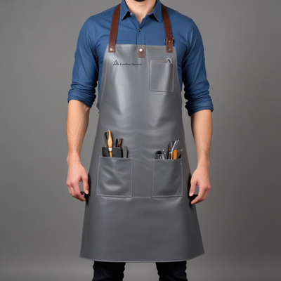 Grey leather Barbering Apron with brown straps