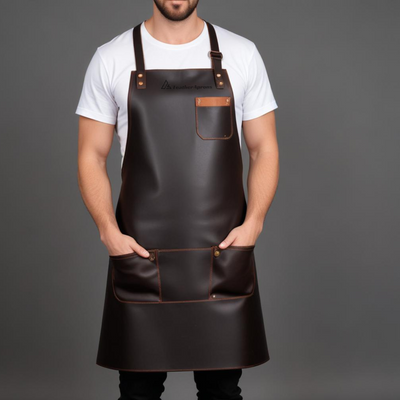 Dark brown bar leather apron with adjustable cross back straps 