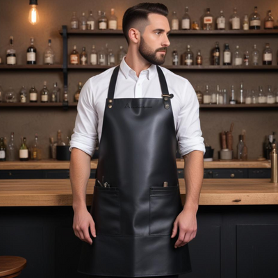 Luxury leather bar apron black 