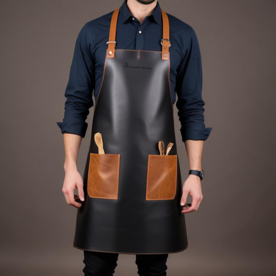 Bartender black leather apron with brown pockets 