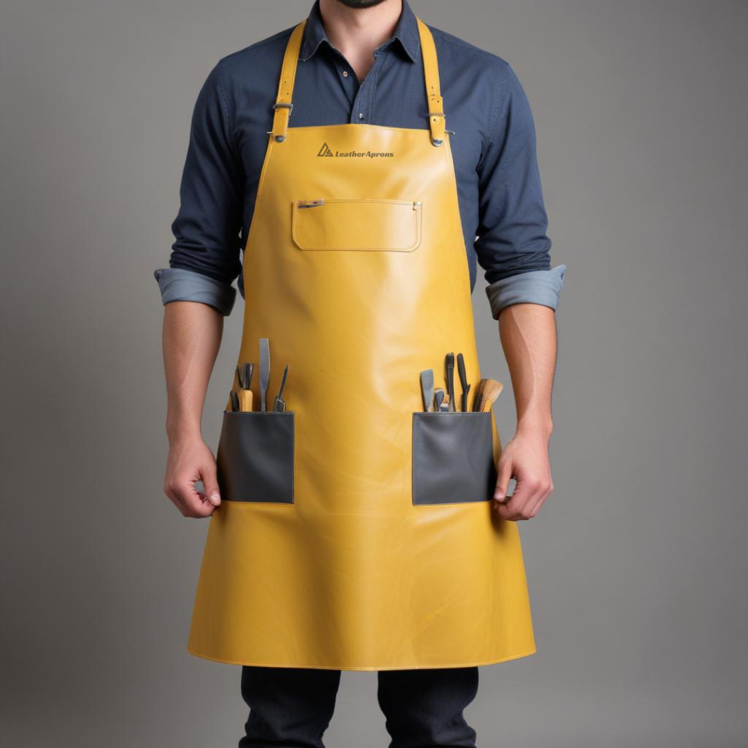 Yellow Leather Barber's Apron with brown pockets 