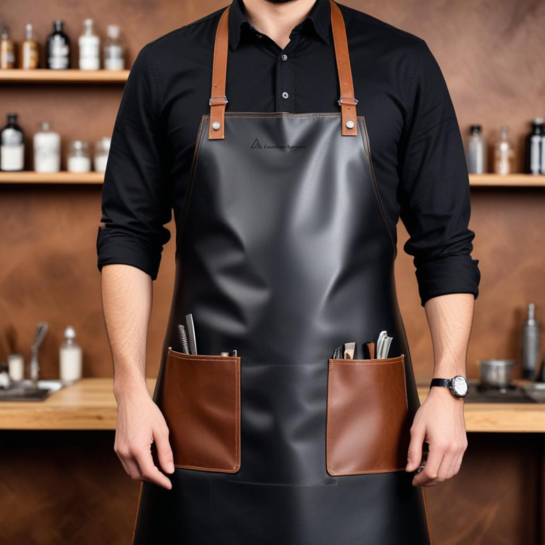 Heavy duty leather barber apron with brown pockets 