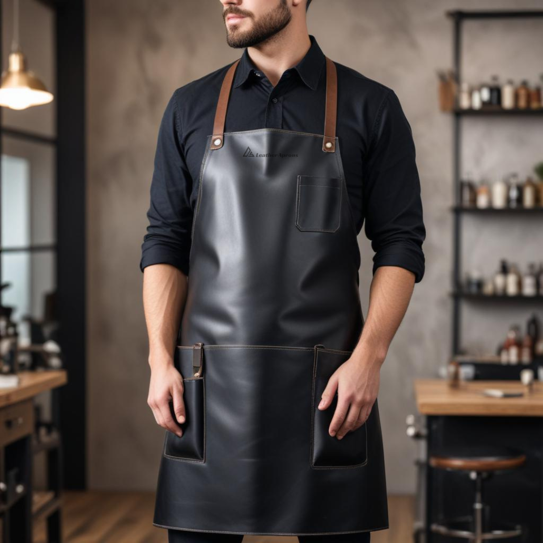 Leather corss back Barber Apron Black with pockets 