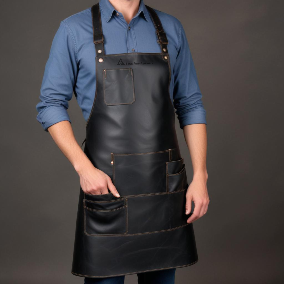 Black Leather welding apron with pockets 