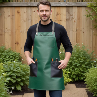 Leather garden tools Green apron man