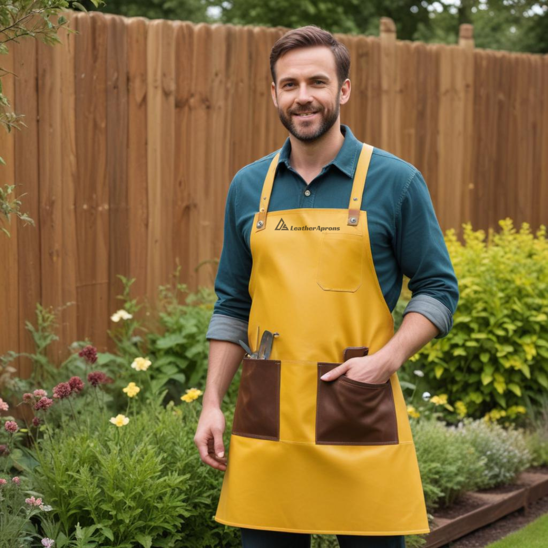 Yellow Leather Gardening Apron with brown pockets 