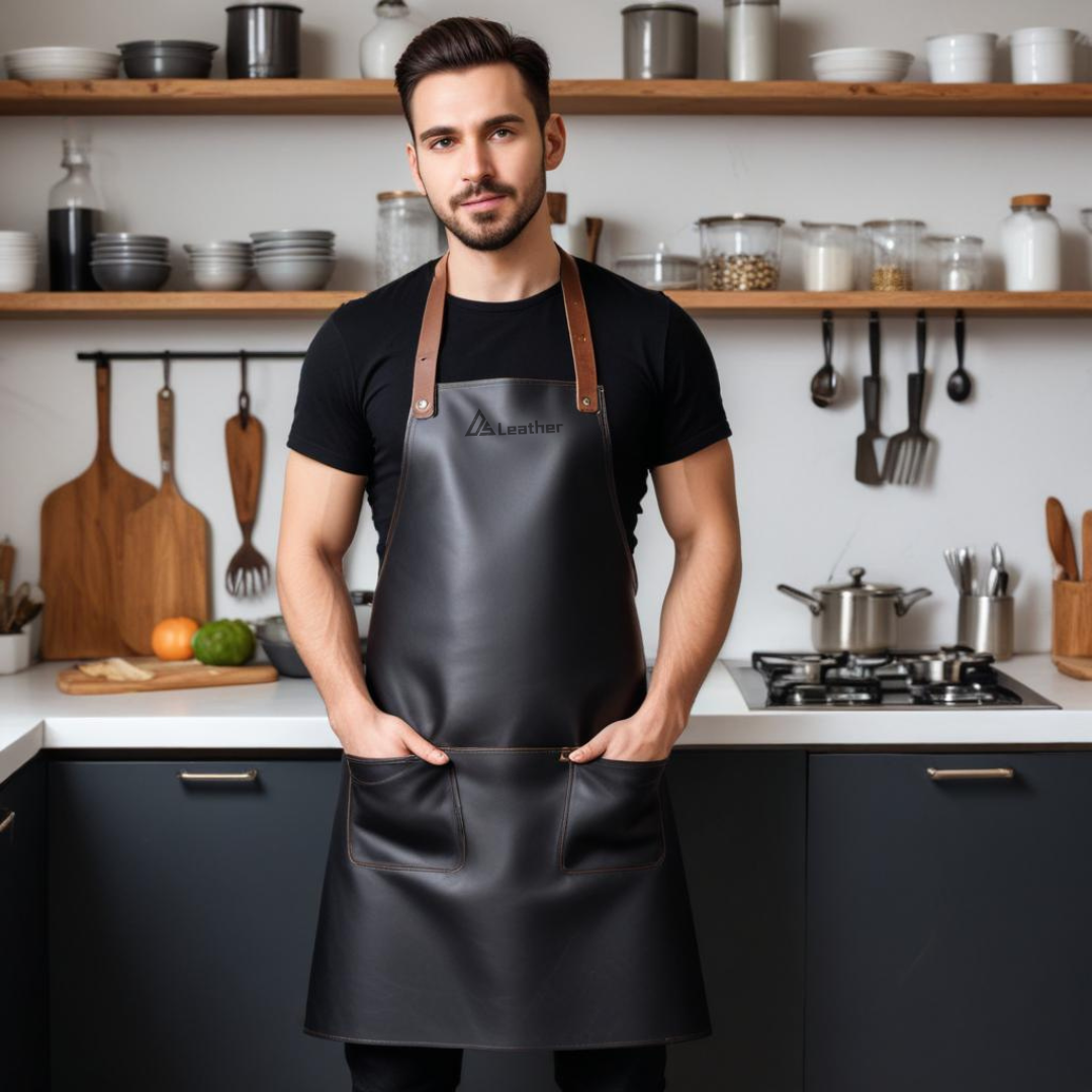 Black Leather Chefs Apron with straps 