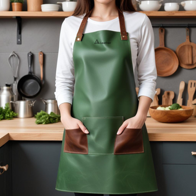 Womens green leather cooking apron 