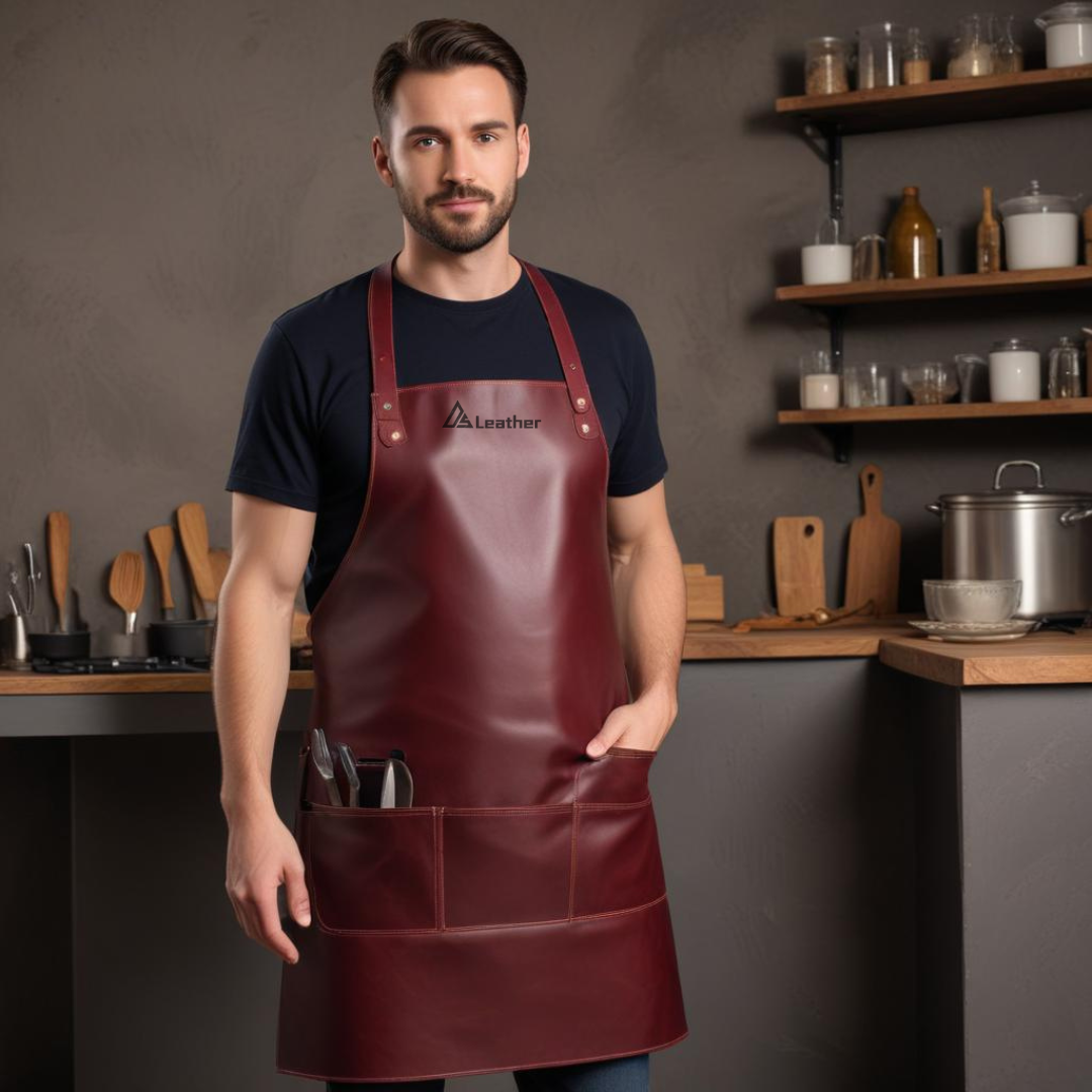 Professional Chef dark red leather cooking apron with adjustable straps 