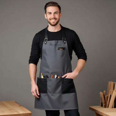 Dark grey leather carpenter apron with adjustable straps 