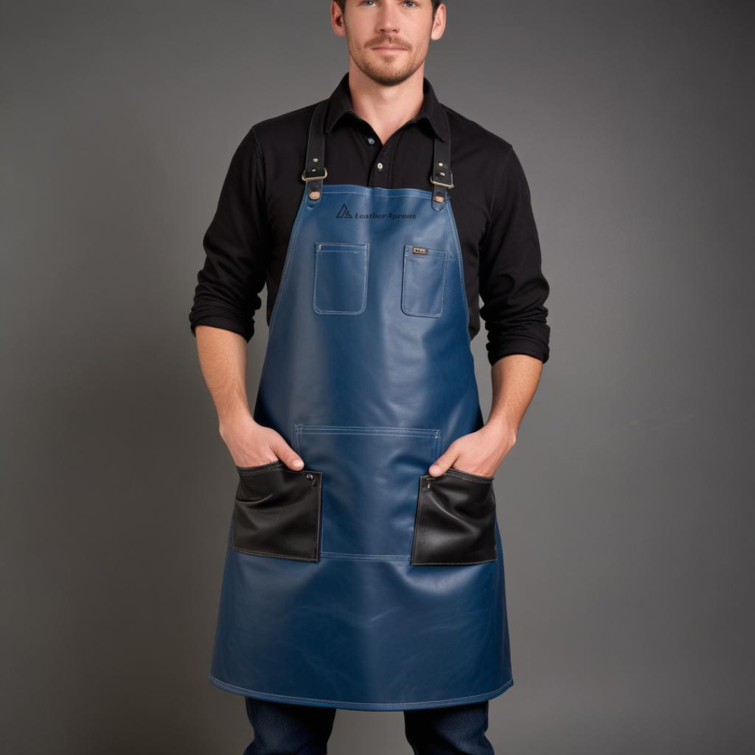 Man wear navy blue leather apron 