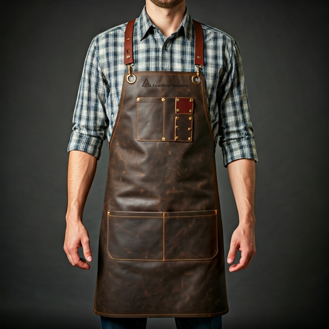 Heavy duty crazy horse leather welding apron with adjustable straps 