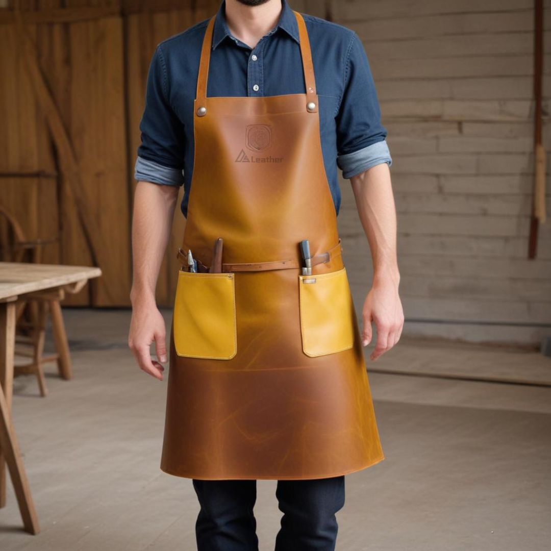 Brown leather woodworking apron with yellow pockets 