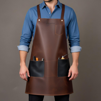 Brown Leather Woodworkers Apron with black pockets 