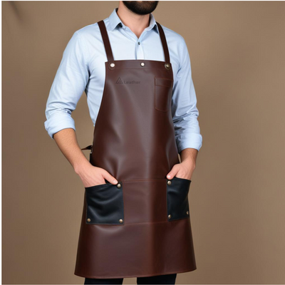 Brown leather woodworking apron with black pockets 