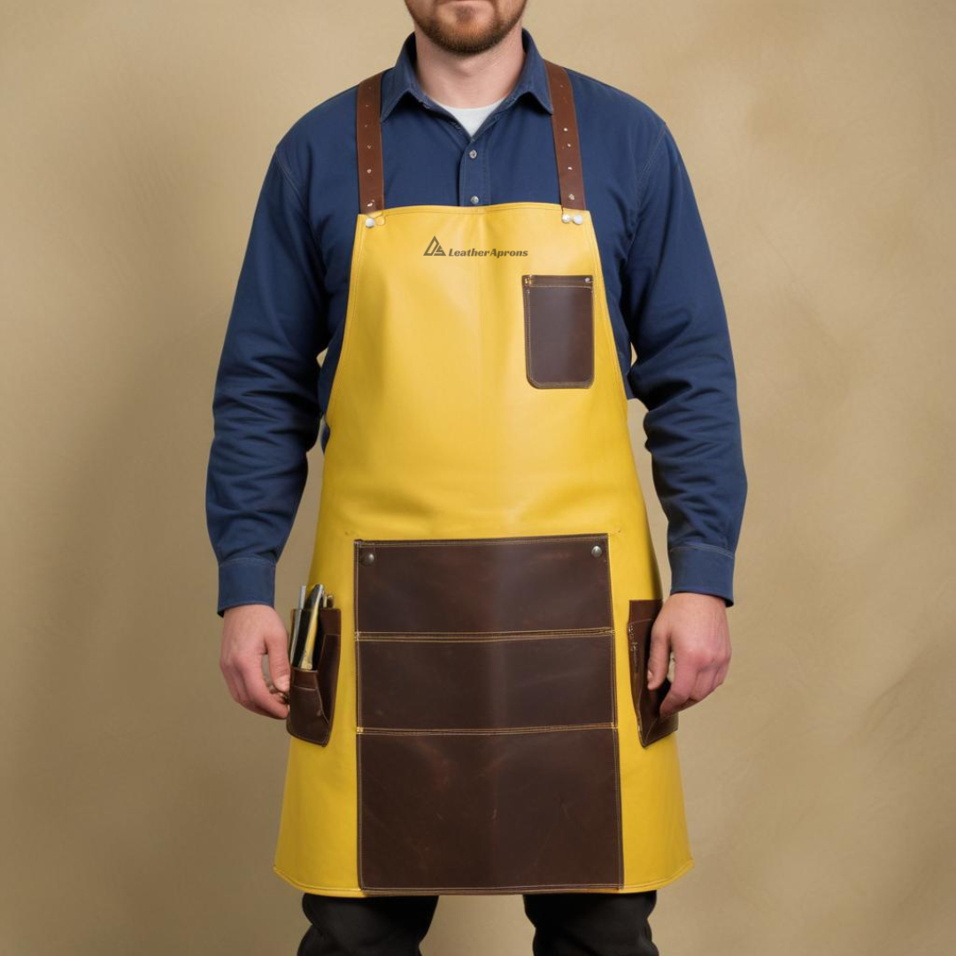 Yellow Leather welding apron with pockets 