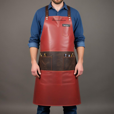 Full grain Red Leather Welding Apron with brown pockets 