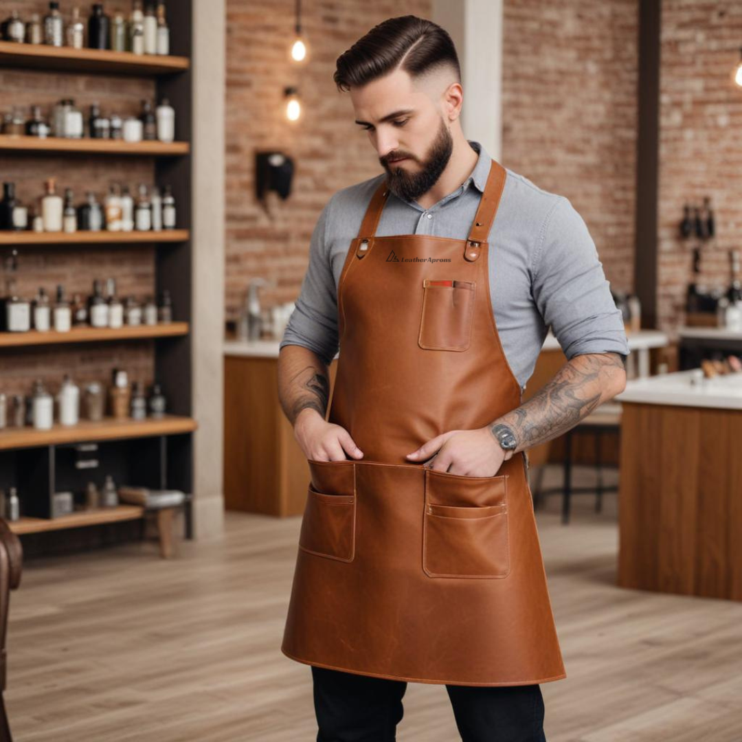 Tan leather barber apron 