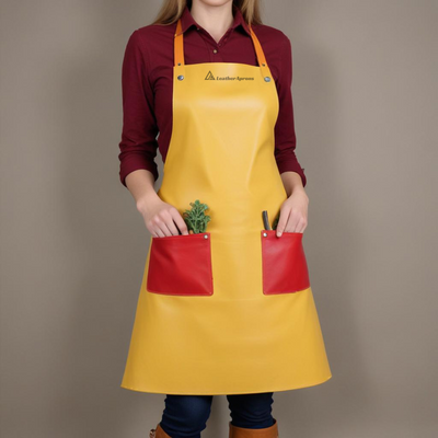 Women's gardening apron yellow leather red pockets 