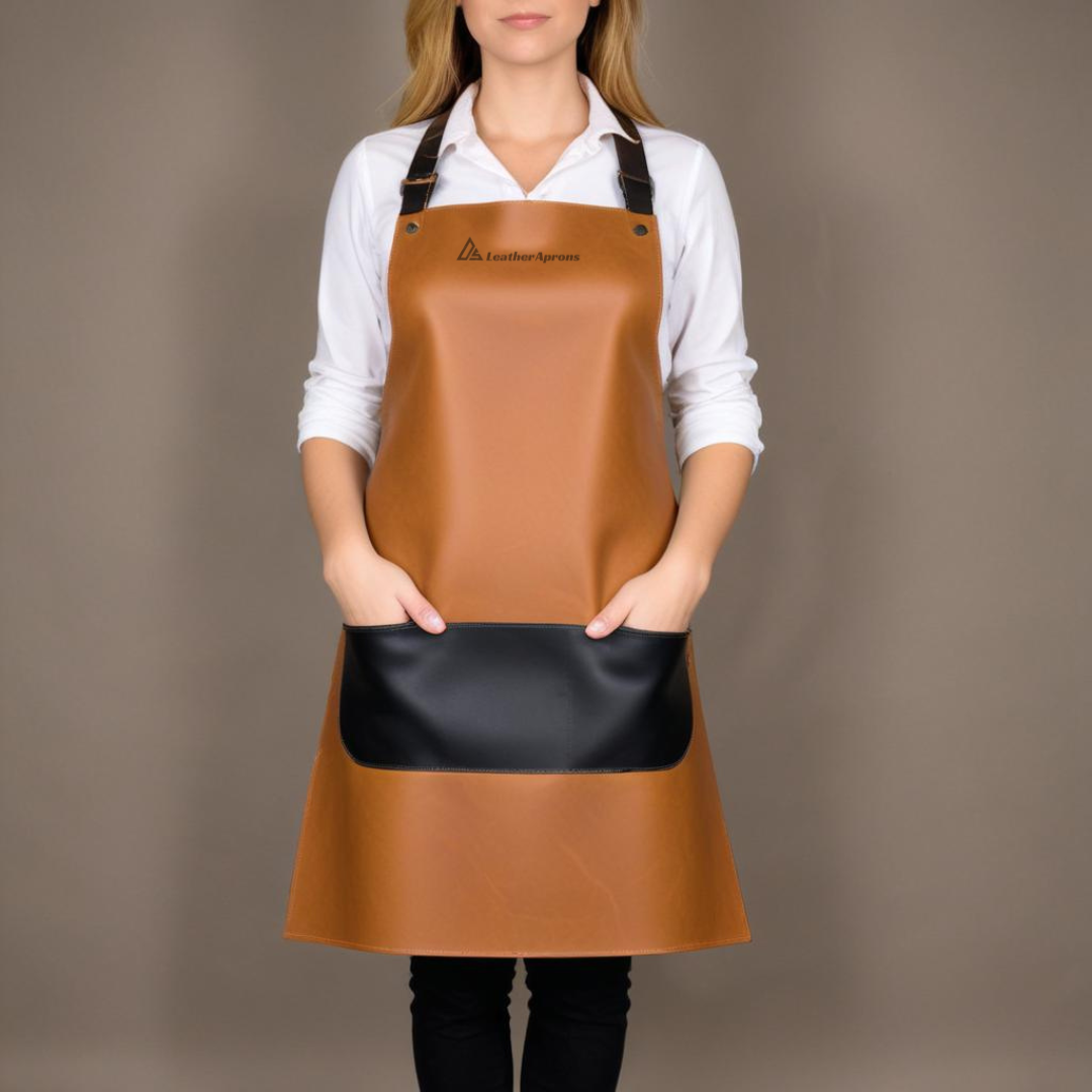 Women's woodworking apron brown leather with black pockets 