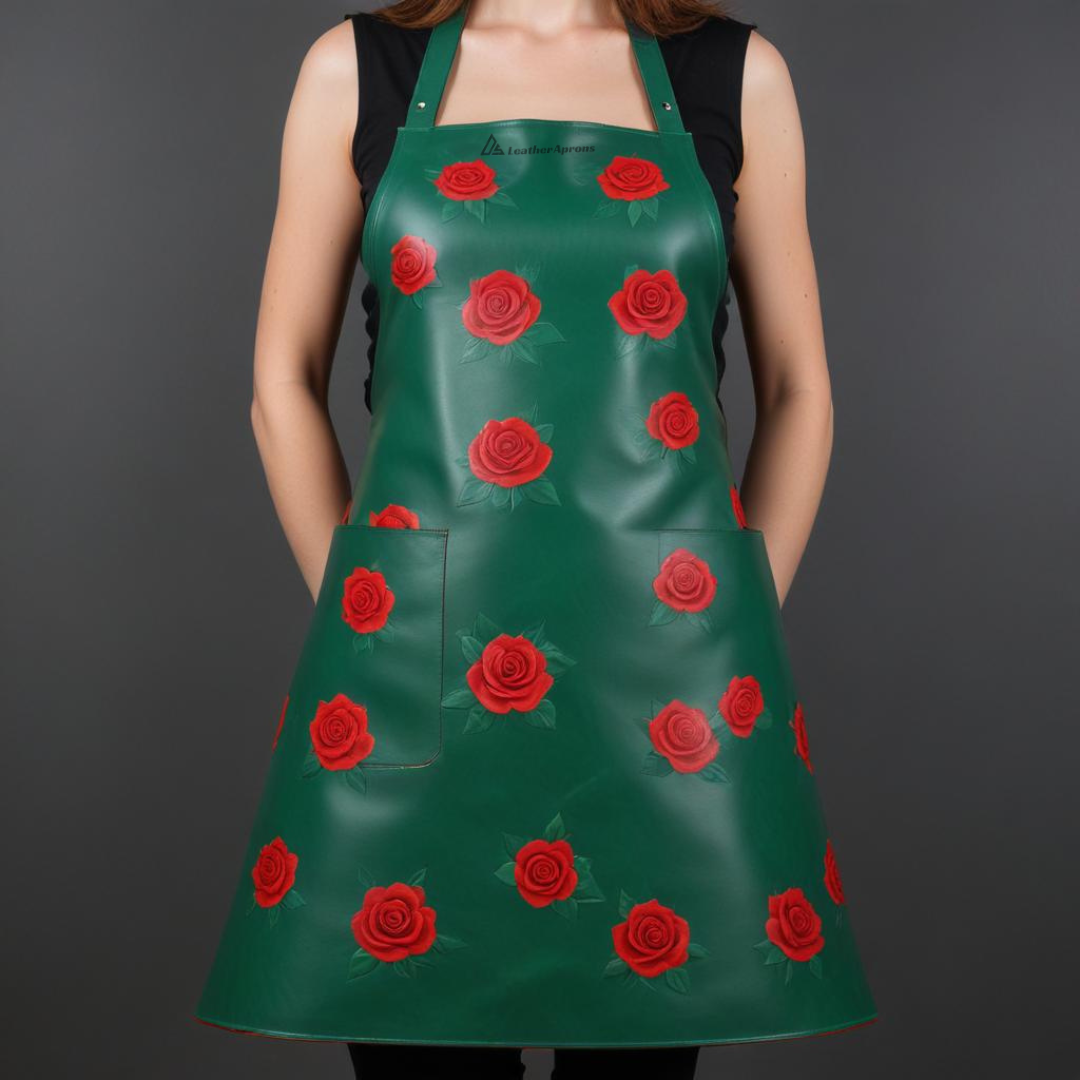 Womens Green Leather Apron With Rose Pattern