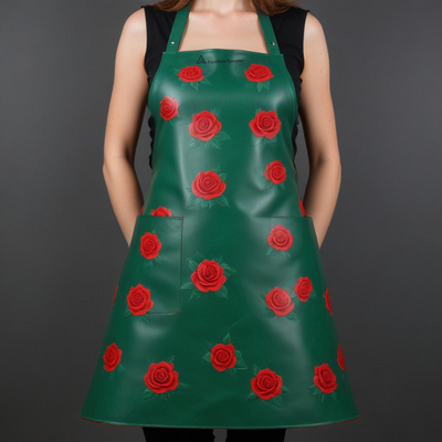 Womens Green Leather Apron With Rose Pattern