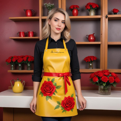 Women yellow Leather apron with Rose printing 