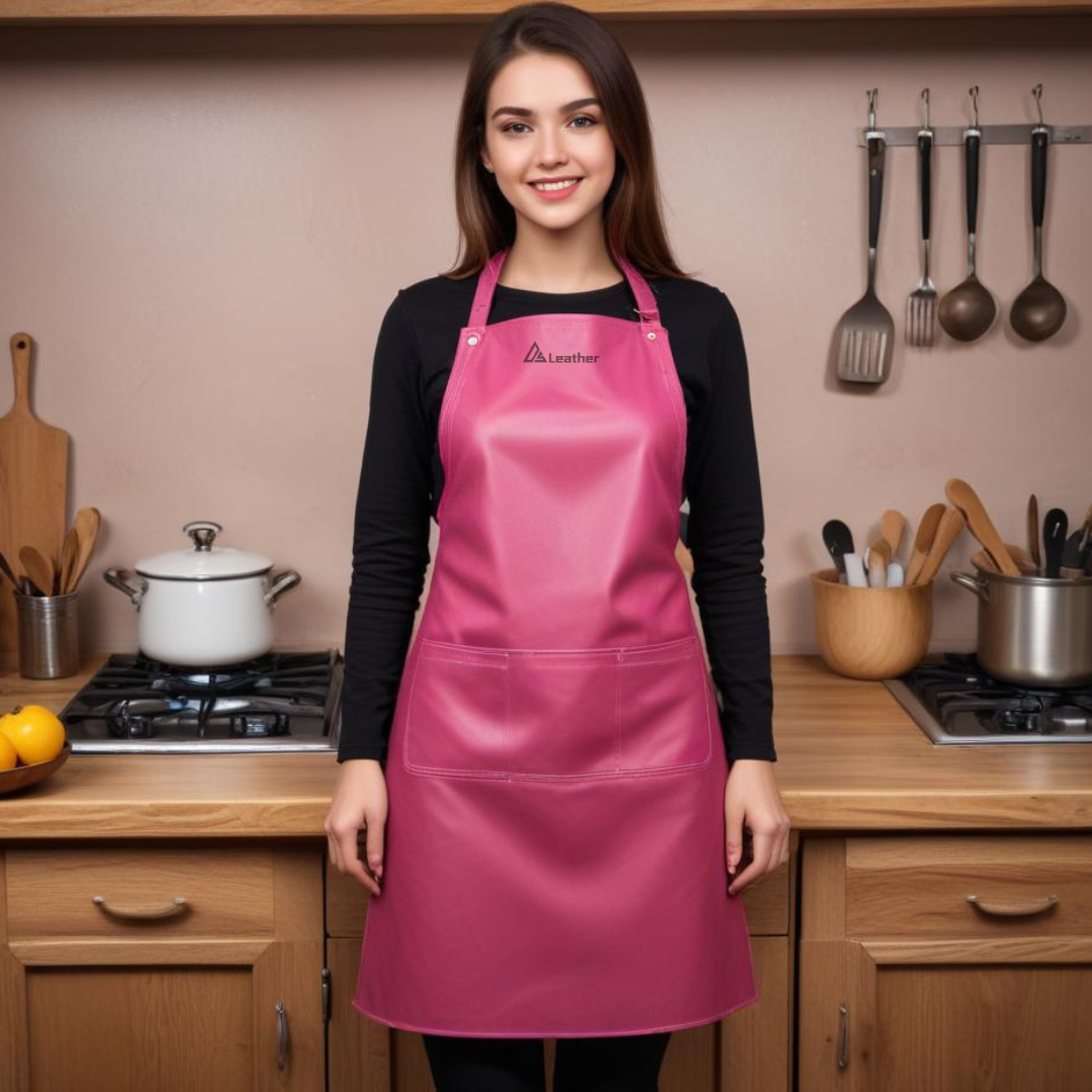 Dark pink women's leather apron for cooking 