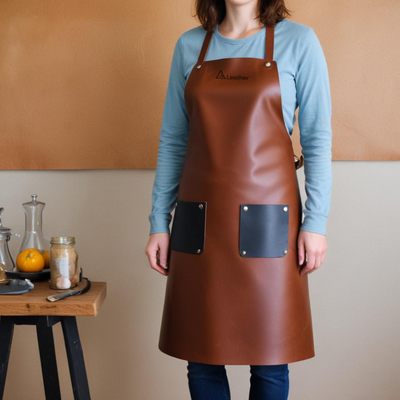 Dark brown womens Chef Leather Apron with black pockets 