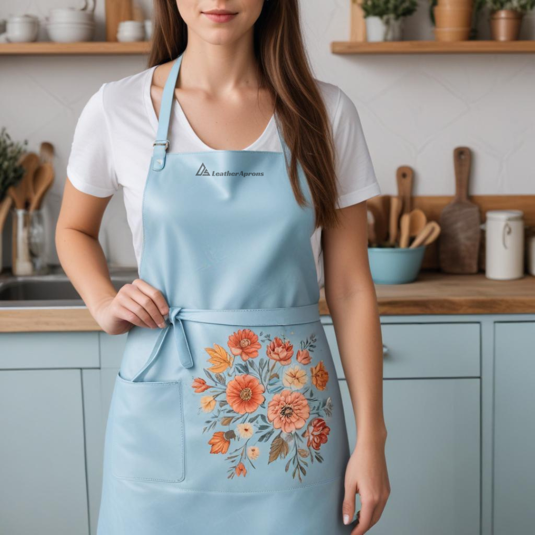 Stylish light blue leather apron for women 