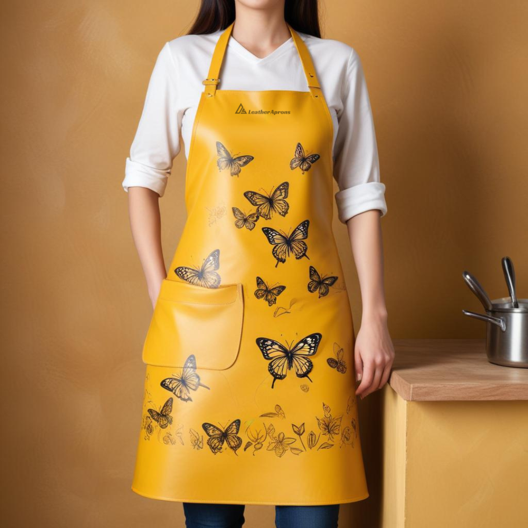 Women yellow leather apron with butterfly pattern 