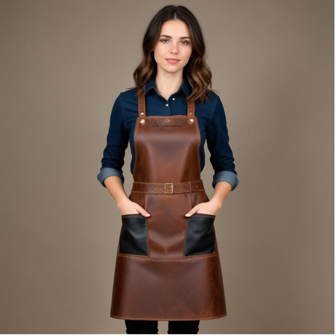 Women's work apron dark brown leather 